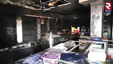 Burnt interior of a bakery after fire damage in Nizamabad, Telangana.