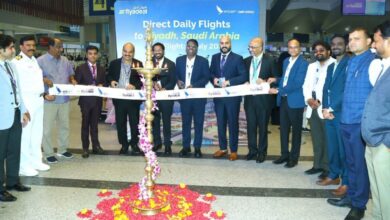 Officials from flyadeal and GMR Hyderabad International Airport pose during the inauguration of the airline's daily direct Hyderabad-Riyadh flights at Rajiv Gandhi International Airport.