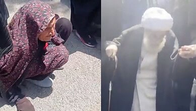 A frail woman from Shiraz and 99-year-old Ayatollah Ahmad Jannati at Seyyed Ali Khamenei's funeral in Tehran.