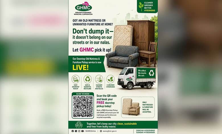 GHMC furniture pickup drive to prevent clogged drains with a truck and furniture images.