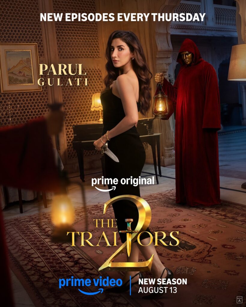 Parul Gulati from The Traitors 2 in a black dress with a mysterious figure in red behind her.