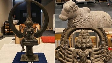Ancient Indian sculptures and artefacts displayed in a museum setting.