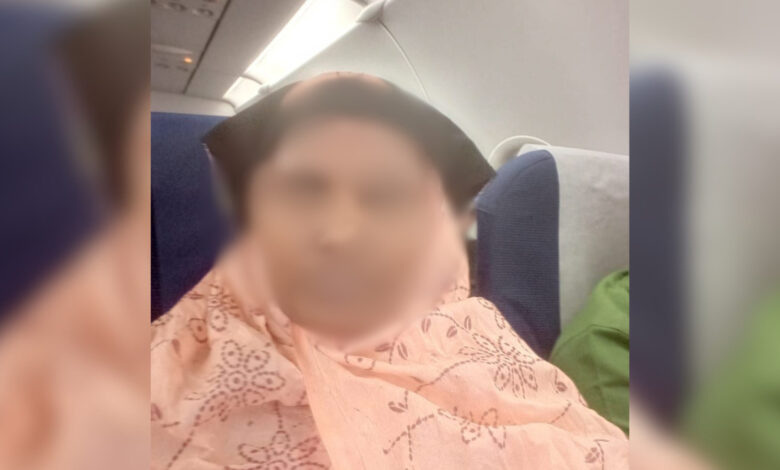 Blurred face of Hyderabad woman Shaheen Shaik seated inside an aircraft during her journey to Oman.