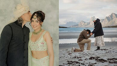 Imtiaz Ali's daughter Ida Ali with her fiancé on a beach, celebrating their engagement.