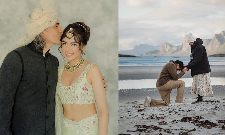 Imtiaz Ali's daughter Ida Ali with her fiancé on a beach, celebrating their engagement.