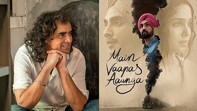 Imtiaz Ali with a film poster in the background, promoting 'Main Vaarap Aayega' in Hyderabad.
