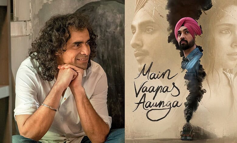 Imtiaz Ali with a film poster in the background, promoting 'Main Vaarap Aayega' in Hyderabad.