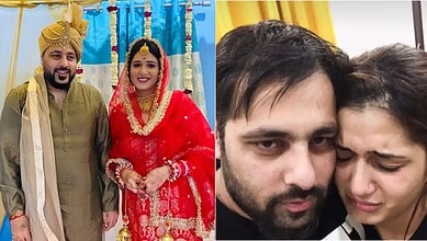 A couple in traditional wedding attire and a close-up of a man and woman in an emotional moment.