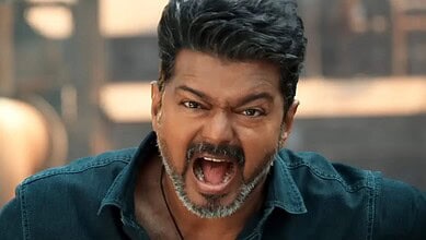 Vijay in a scene from his latest film, showing intense emotion and expression.
