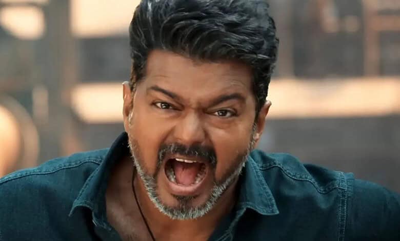 Vijay in a scene from his latest film, showing intense emotion and expression.