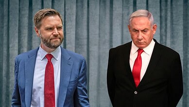 Israeli Prime Minister Netanyahu and another official at a formal event with a grey curtain background.