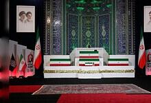 Coffins of Ayatollah Ali Khamenei and his family displayed at Imam Khomeini Mosalla Grand Mosque in Tehran before the funeral ceremonies.