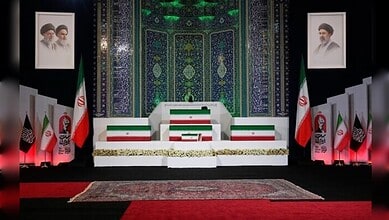 Coffins of Ayatollah Ali Khamenei and his family displayed at Imam Khomeini Mosalla Grand Mosque in Tehran before the funeral ceremonies.
