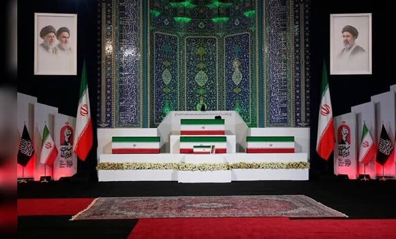 Coffins of Ayatollah Ali Khamenei and his family displayed at Imam Khomeini Mosalla Grand Mosque in Tehran before the funeral ceremonies.