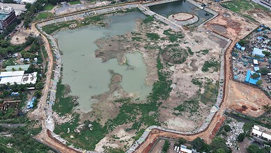 An aerial view of a lake in Hyderabad