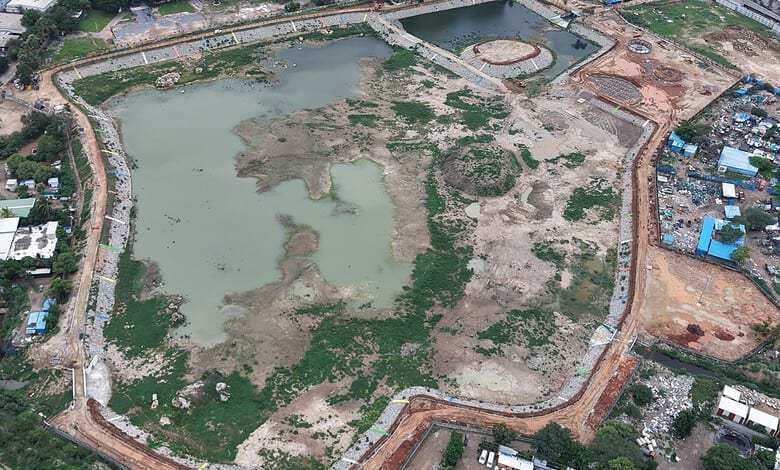 An aerial view of a lake in Hyderabad