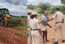 The image shows police and revenue officials ploughing the land of the farmers in Yacharam mandal to take position for Bharat Future City in an undated video.