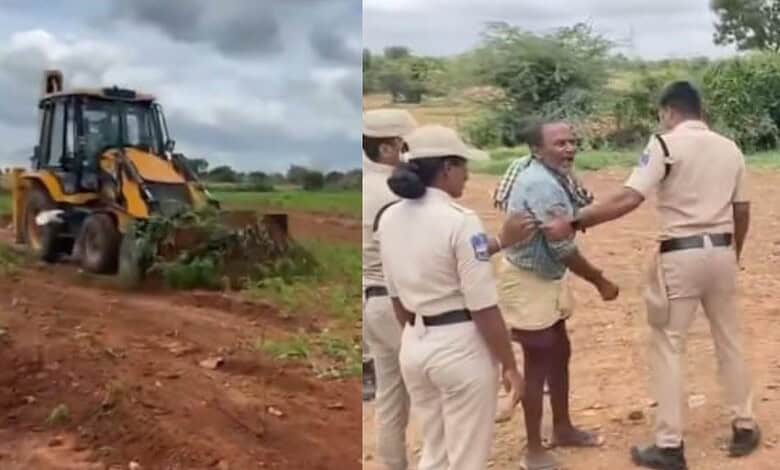 The image shows police and revenue officials ploughing the land of the farmers in Yacharam mandal to take position for Bharat Future City in an undated video.