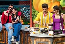 Laughter Chefs season 3 winners with two contestants cooking in a colourful kitchen.