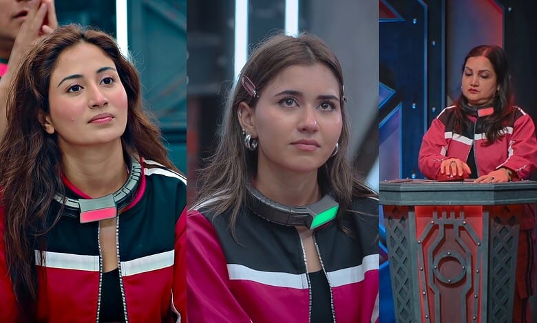 Three women contestants in Lock Upp 2, one in a secret room, others in the main area.
