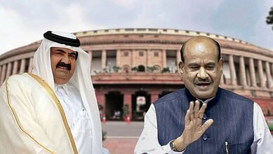 Indian politician speaking at Parliament with Qatar's former Emir in the background.