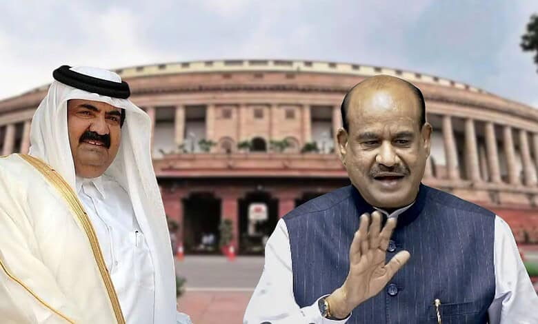 Indian politician speaking at Parliament with Qatar's former Emir in the background.