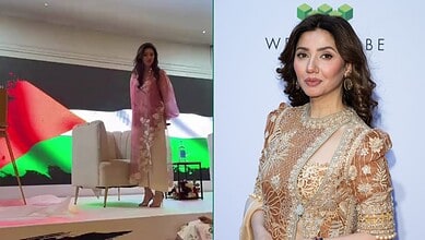 Mahira Khan at Gaza event wearing a beige embroidered dress with wavy hair.