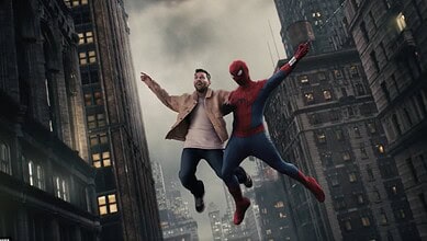 Tom Holland and Spider-Man swing through New York City skyline at dusk.