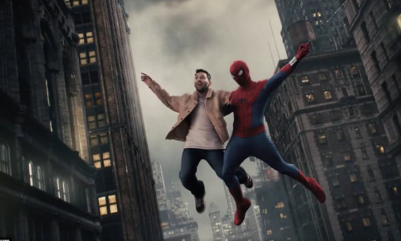 Tom Holland and Spider-Man swing through New York City skyline at dusk.