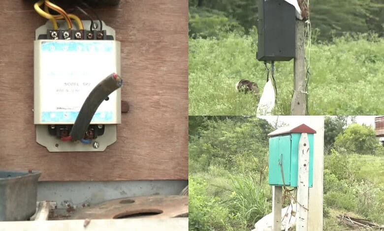 Close-up of electrical device and birdhouse in a green field setting.
