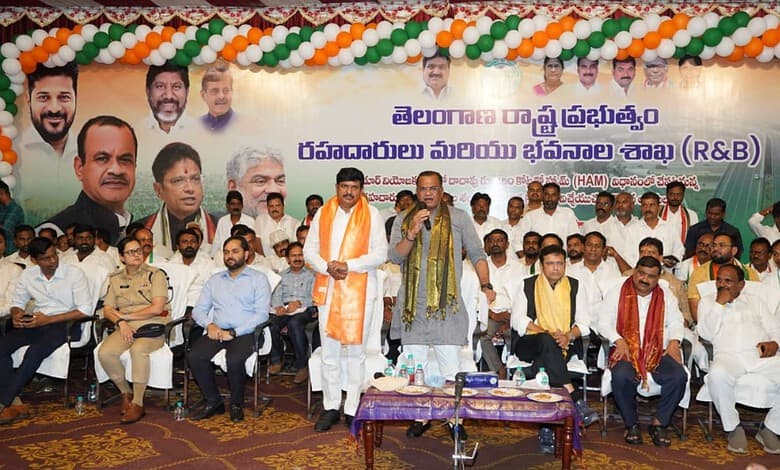 Vikarabad road development event with local officials and leaders, decorated with green, white, and saffr.