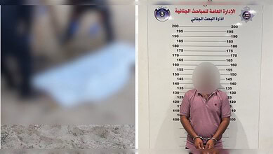 Composite image showing the recovered burial site in Kuwait's Al Salmi desert and an arrested suspect in police custody.