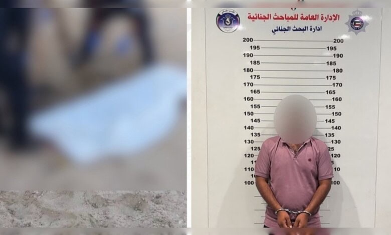Composite image showing the recovered burial site in Kuwait's Al Salmi desert and an arrested suspect in police custody.