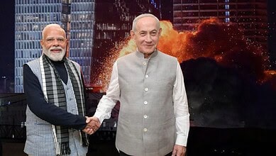 Indian Prime Minister Narendra Modi shakes hands with Israeli Prime Minister Benjamin Netanyahu.