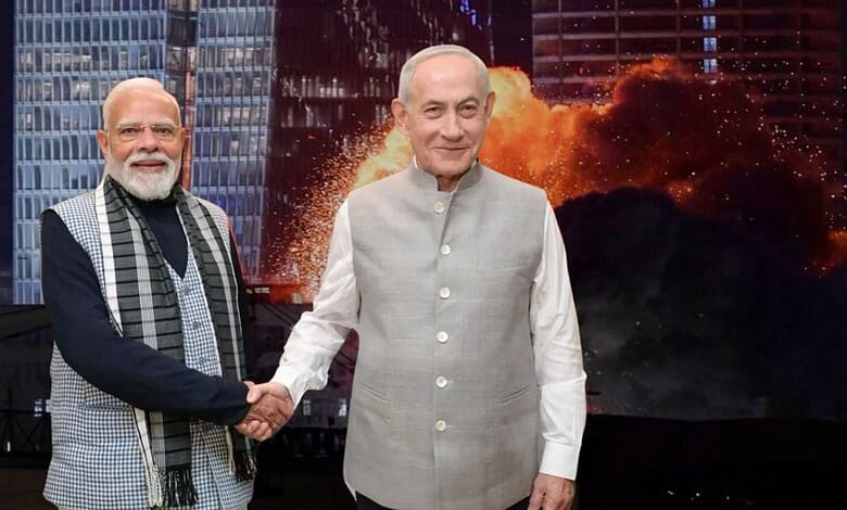 Indian Prime Minister Narendra Modi shakes hands with Israeli Prime Minister Benjamin Netanyahu.