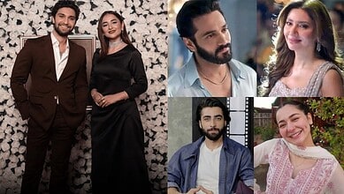Pakistani celebrity couples at a wedding event, dressed elegantly for the occasion.