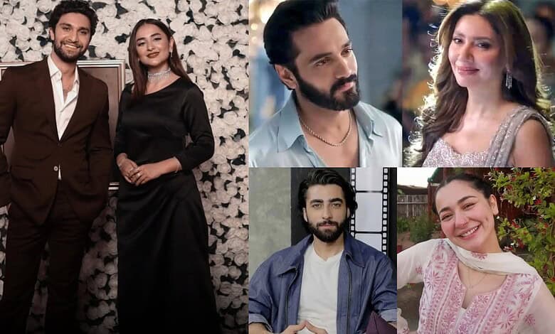 Pakistani celebrity couples at a wedding event, dressed elegantly for the occasion.