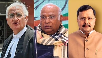BJP National President Nitin Nabin, Congress President Mallikarjun Kharge and Congress foreign affairs department chairman Salman Khurshid.