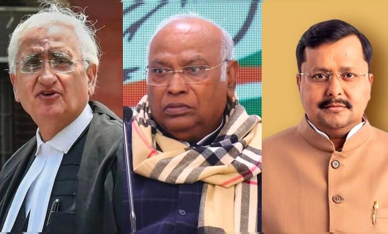 BJP National President Nitin Nabin, Congress President Mallikarjun Kharge and Congress foreign affairs department chairman Salman Khurshid.