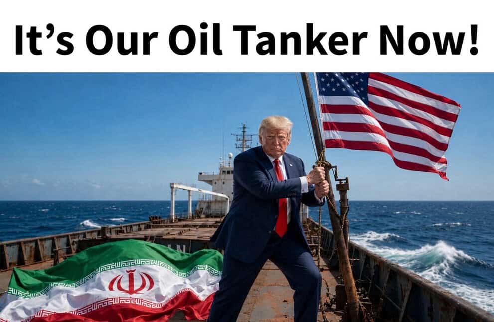 Donald Trump on a ship holding an American flag with oil tanker and Iran flag in background.
