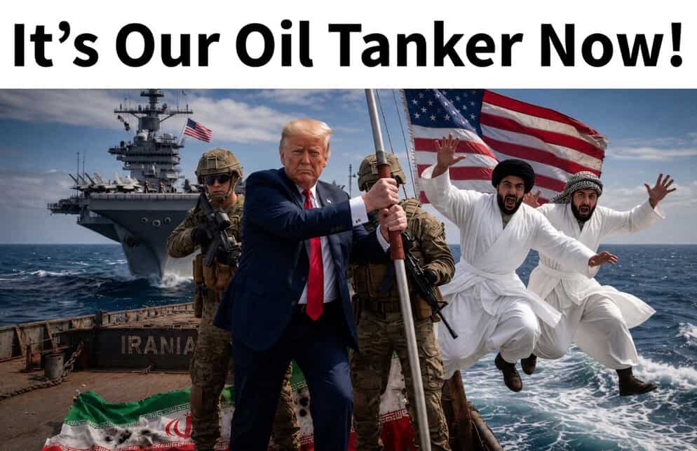 Donald Trump on a boat with soldiers and two men in traditional white attire, holding an American flag.