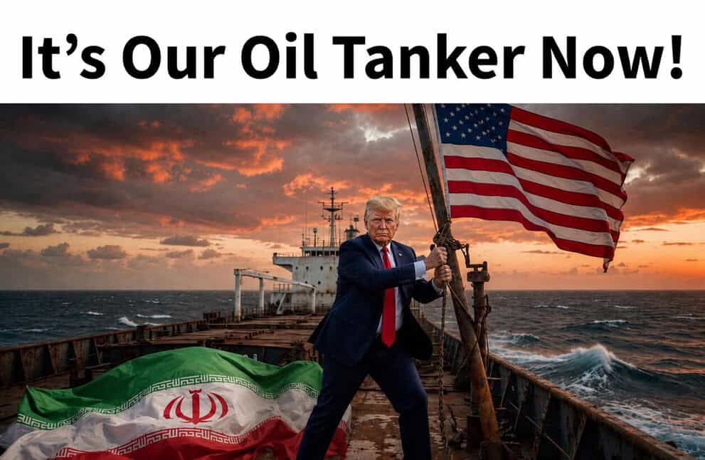 Donald Trump on a ship holding an American flag with a sunset background.