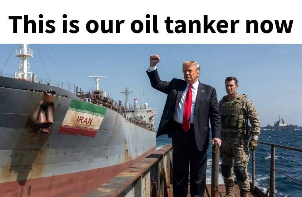 Donald Trump on an oil tanker with a military officer, raising his fist.