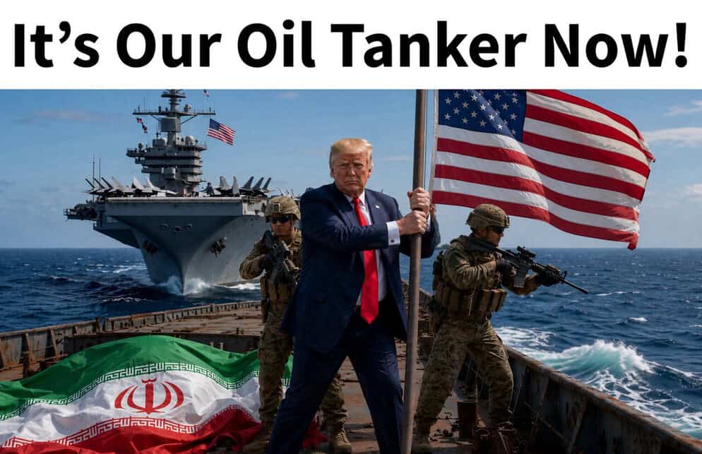 Donald Trump on a ship holding an American flag with military personnel and a warship in the background.