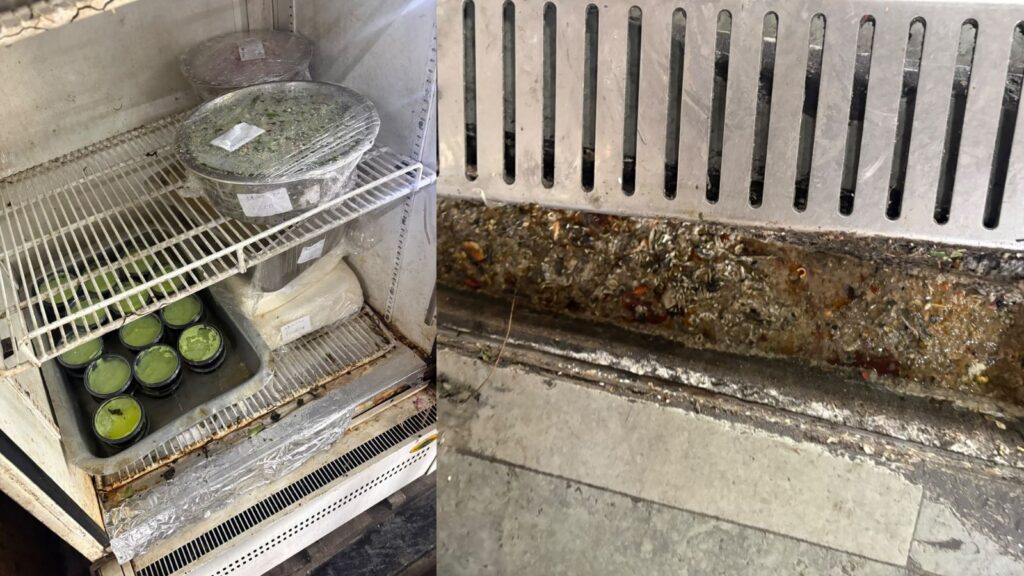 Refrigerator with rust, flies, and spoiled food at RC Puram Pista House.