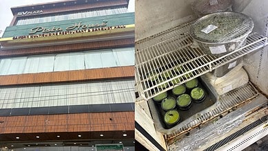 Dirty fridge with rust and flies at Pista House, RC Puram, food safety concerns.