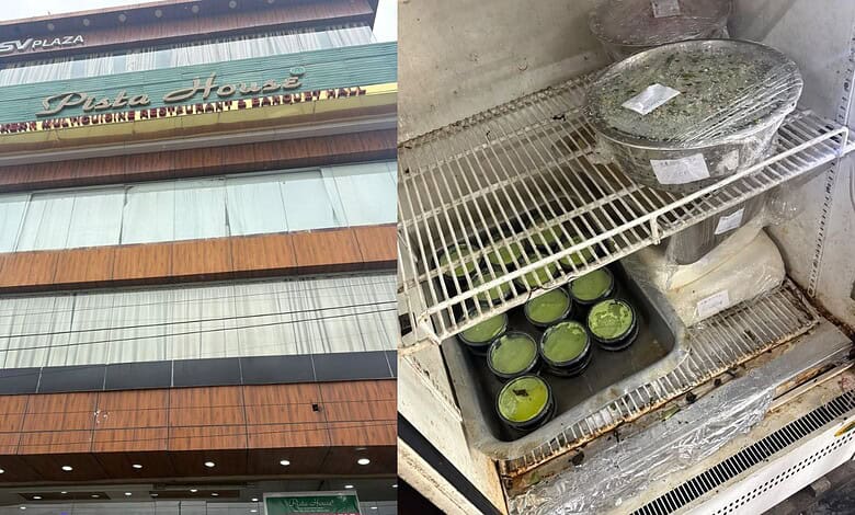 Dirty fridge with rust and flies at Pista House, RC Puram, food safety concerns.