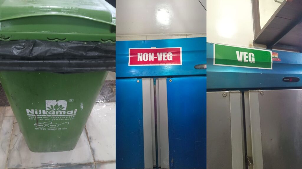Recycling bins for non-vegetarian and vegetarian waste at a food safety inspection site.