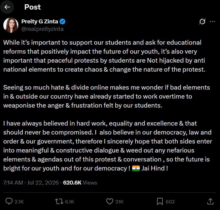 Preity Zinta advocates for peaceful student protests against anti-national elements.