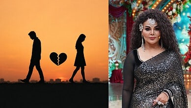 Silhouettes of a man and woman walking away from each other with a broken heart symbol.